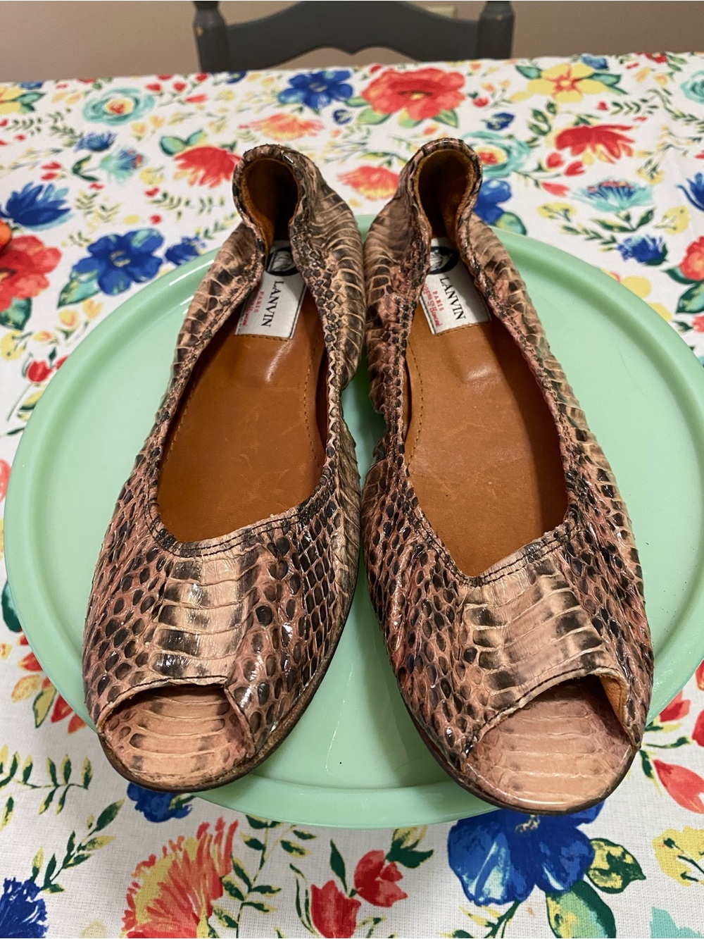 Lanvin Metallic Rose Brown Snake-Embossed Peep-Toe Flats